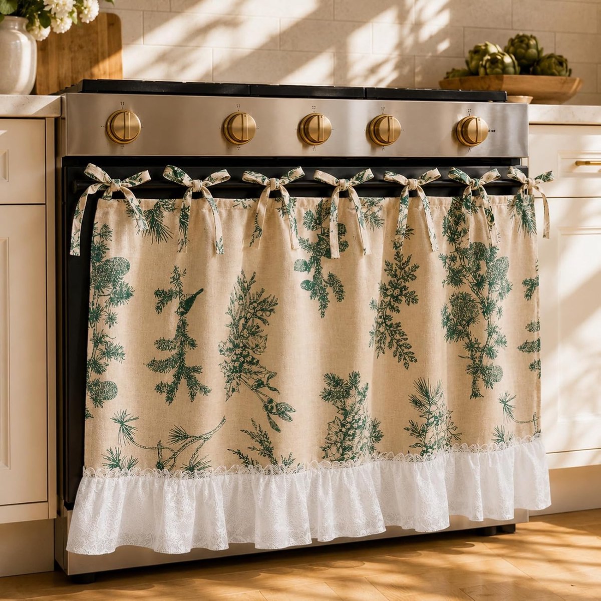 Ovengordijnen met bindband en ruches van kant, met bloemenpatroon, decoratieve korte panelen en cafégordijnen voor de keuken