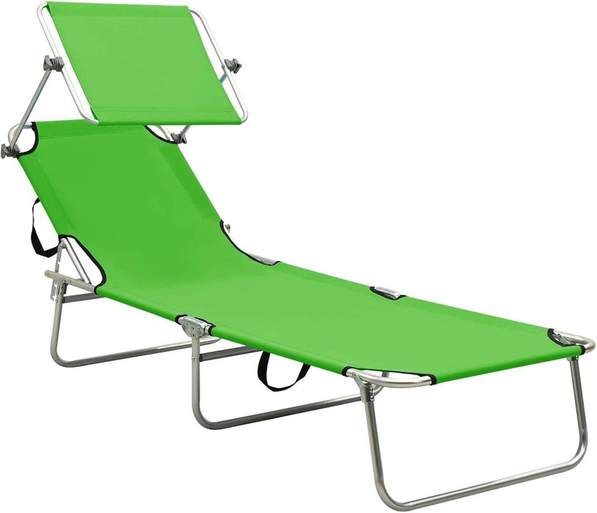 Strandstoel, opvouwbaar, met zonnedak, verstelbare rugleuning, draagbaar, zwembad, bed, terras, balkon, tuin, camping, relax, aluminium, groen