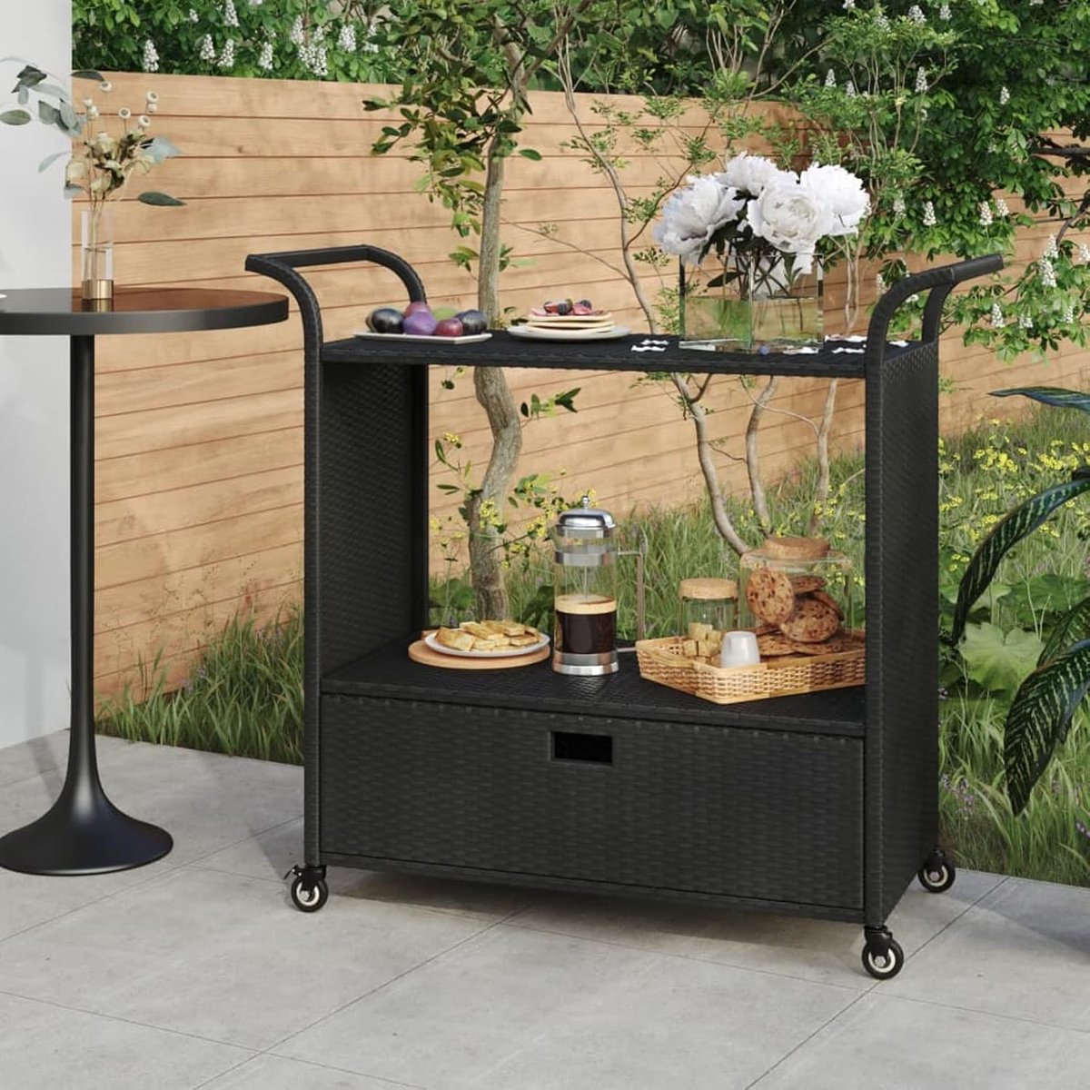 Barwagen met lade, keukentrolley voor buiten, keukentrolley met wieltjes, grillwagen, trolley voor buiten, trolley, zwart, 100 x 45 x 97 cm van polyrotan