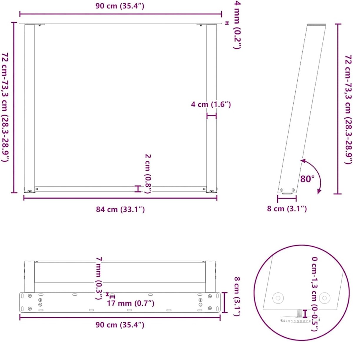Poten, U-vormig, 2 stuks, antraciet, 90 cm breed × 72-73 cm hoog, van gepoedercoat staal, stabiel, in hoogte verstelbaar, geschikt voor eettafel en bureau