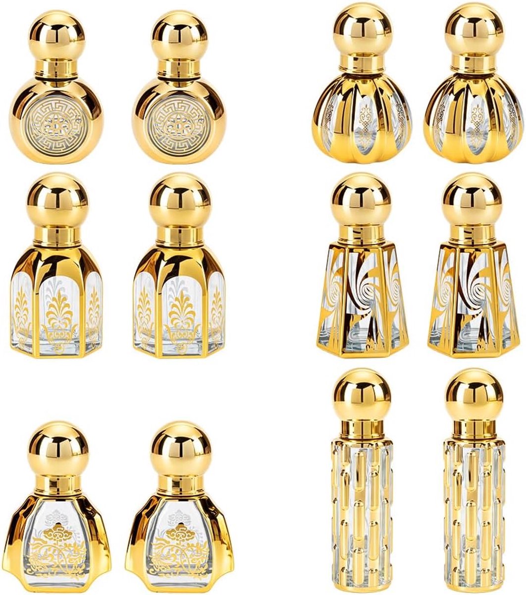 12 stuks rolflessen voor etherische olie, 10 ml/12 ml/15 ml, vintage goudglas, lege parfumrollerfles, Arabische parfumolie, mini-glazen flesjes voor parfummonsters op reis