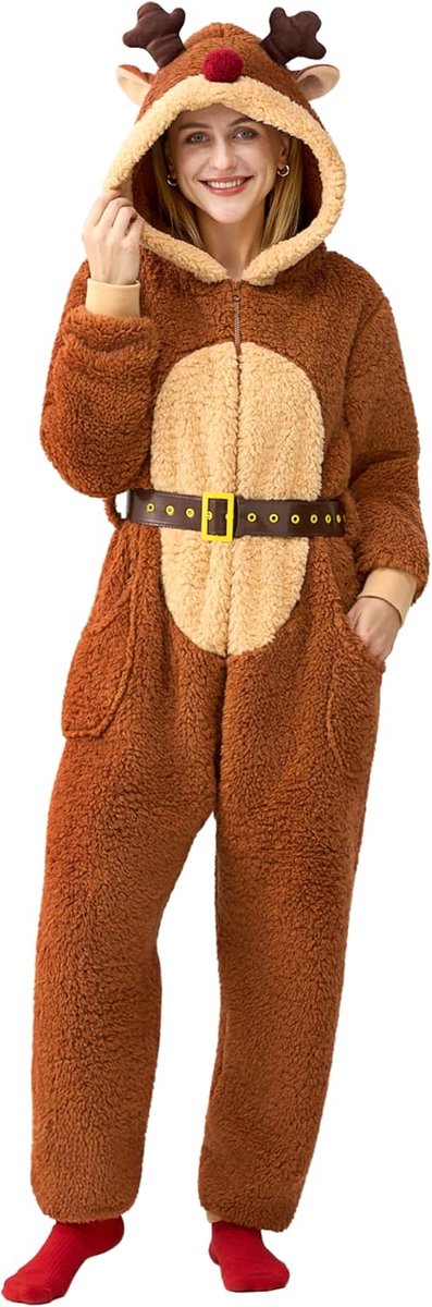Getup Kerstpyjama met capuchon voor dames, eendelig, winterpyjama voor volwassenen
