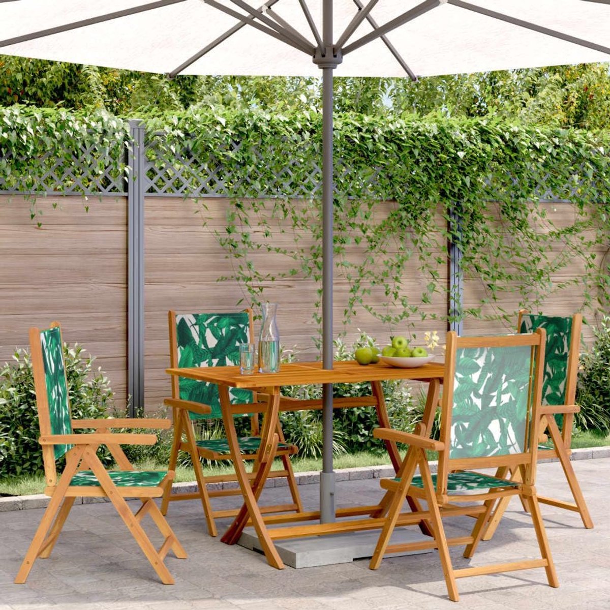 4 stuks opvouwbare tuinstoelen van massief acaciahout en groene stof, opvouwbare terrasstoelen met verstelbare rugleuning, comfortabele zitting met platte armleuningen, gemakkelijk
