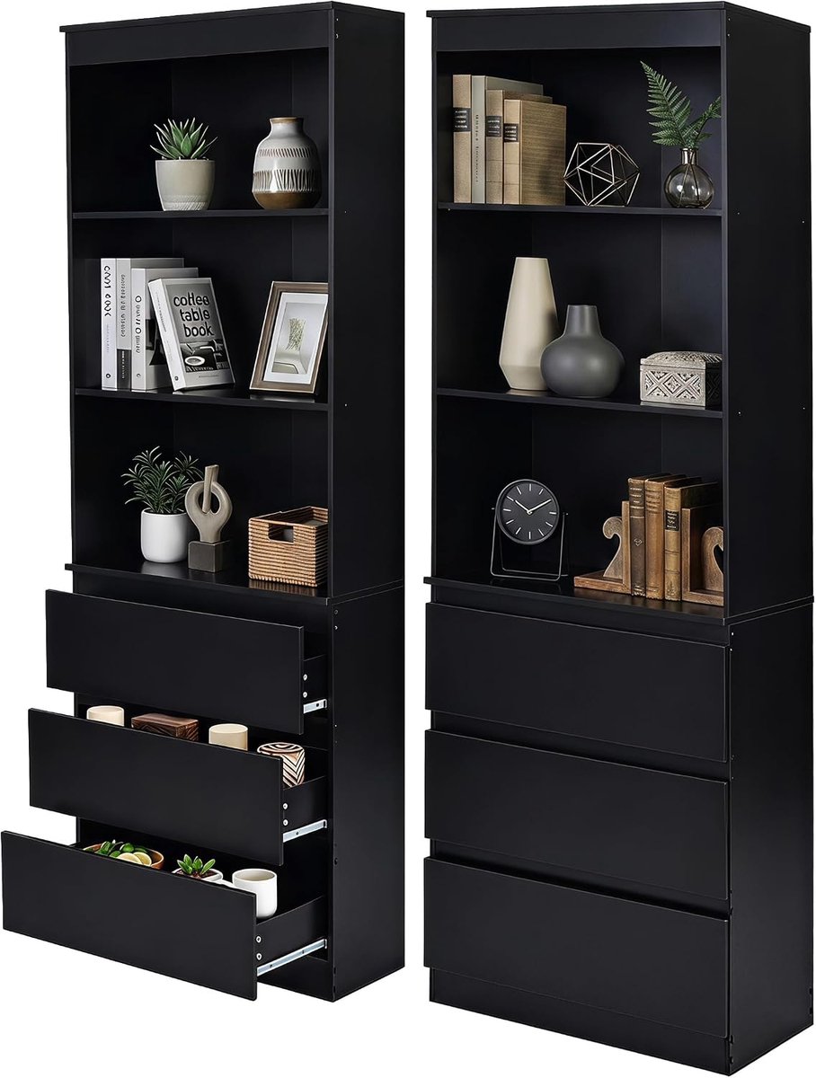 Boekenkast, 2 stuks, met 3 vakken en 3 laden per plank, smal, met laden, organizer voor woonkamer en kantoor