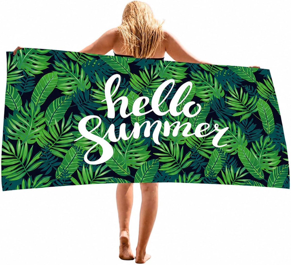 1 x microvezel strandhanddoek, 70 x 140 cm, groene bladeren, zandbestendig en sneldrogend, lichte en compacte reishanddoek voor vakantie, strand, sportschool, sport en sauna