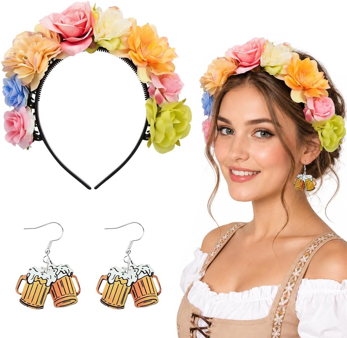 bloemenhaarband, set van 2 oorbellen en haaraccessoires