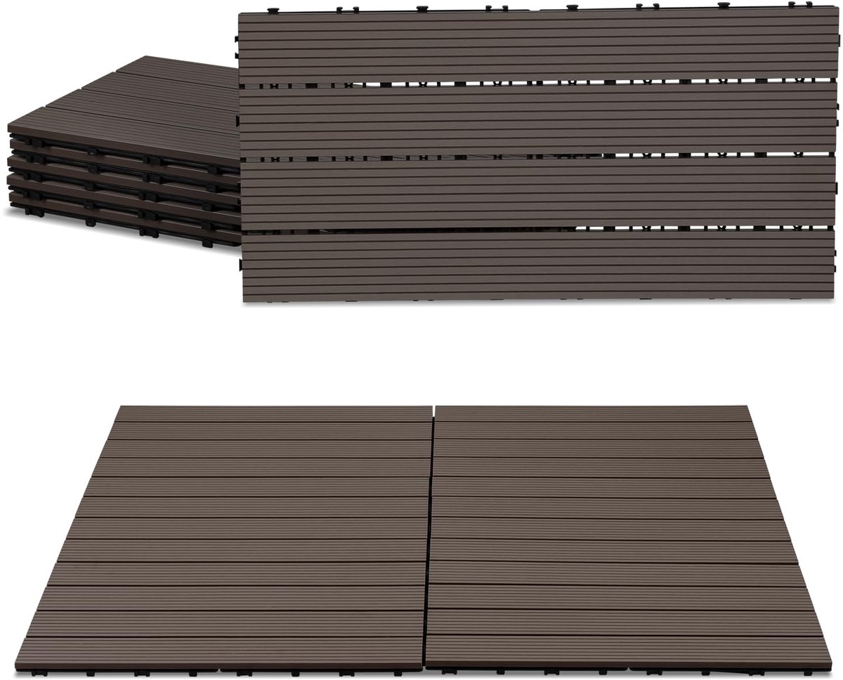 Set van 24 WPC terrastegels, 30 x 60 cm, balkontegels, kliktegels, WPC-tegels voor 4 m², vloerbedekking met drainage en kliksysteem, terrasplanken, waterdicht, voor balkon, terras, koffie
