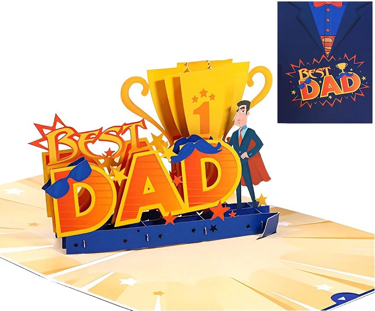 3D pop-up kaart – Best Dad Superman Trofee-design wenskaart, unieke 3D pop-up-kaart voor papa, cadeau voor vaderdag en papa, verjaardag, voor papa, echtgenoot, papi