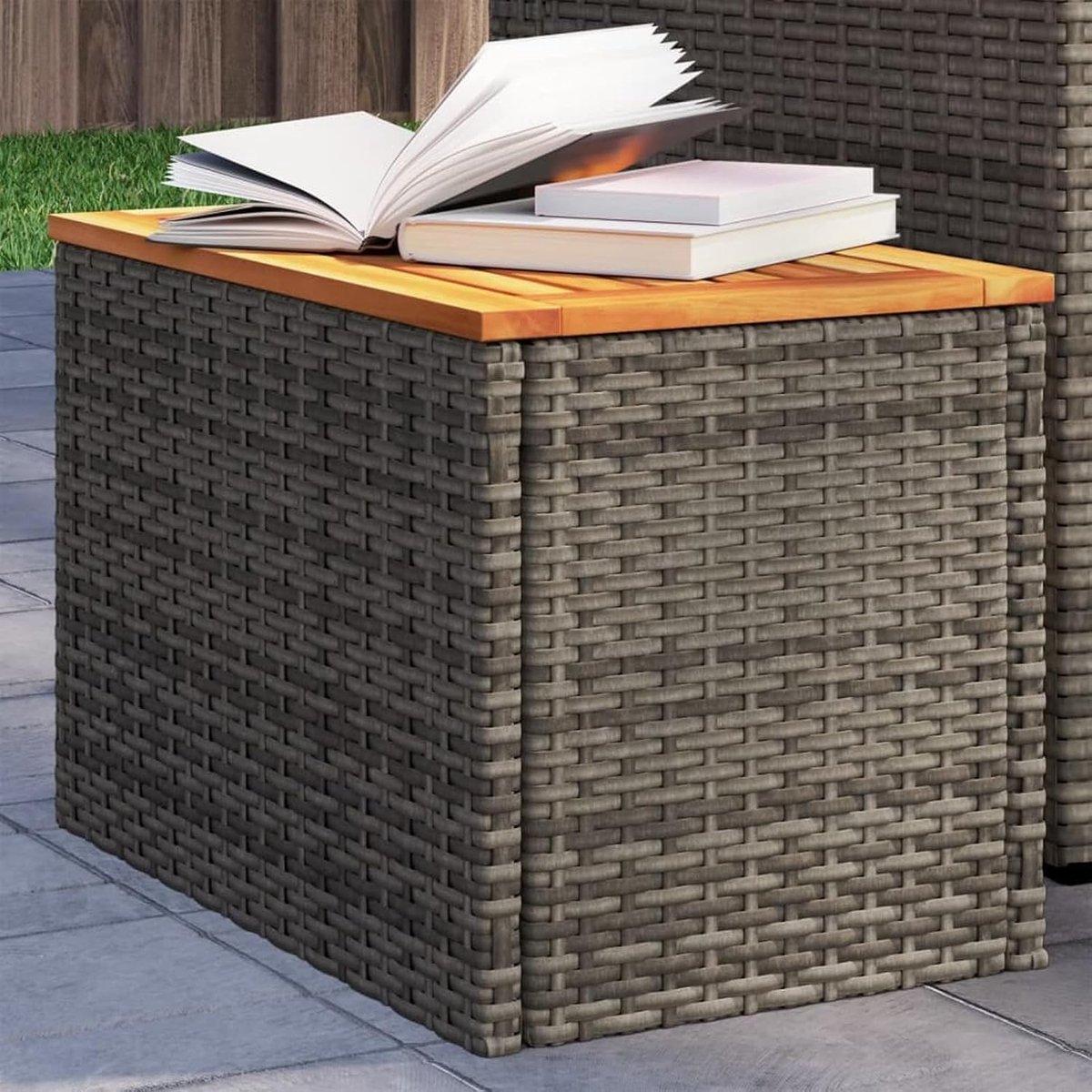 Tuintafels, 2 stuks, grijs, 55 x 34 x 37 cm, polyrotan, massief hout, tuintafel, rechthoekige eettafel, keukentafel, tuintafel, P366131