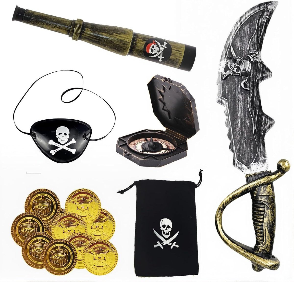 6-delig met verrekijker, gouden munten, oogklep en kompas, piratenaccessoire voor Halloween en carnaval, piratenaccessoires, rollenspel