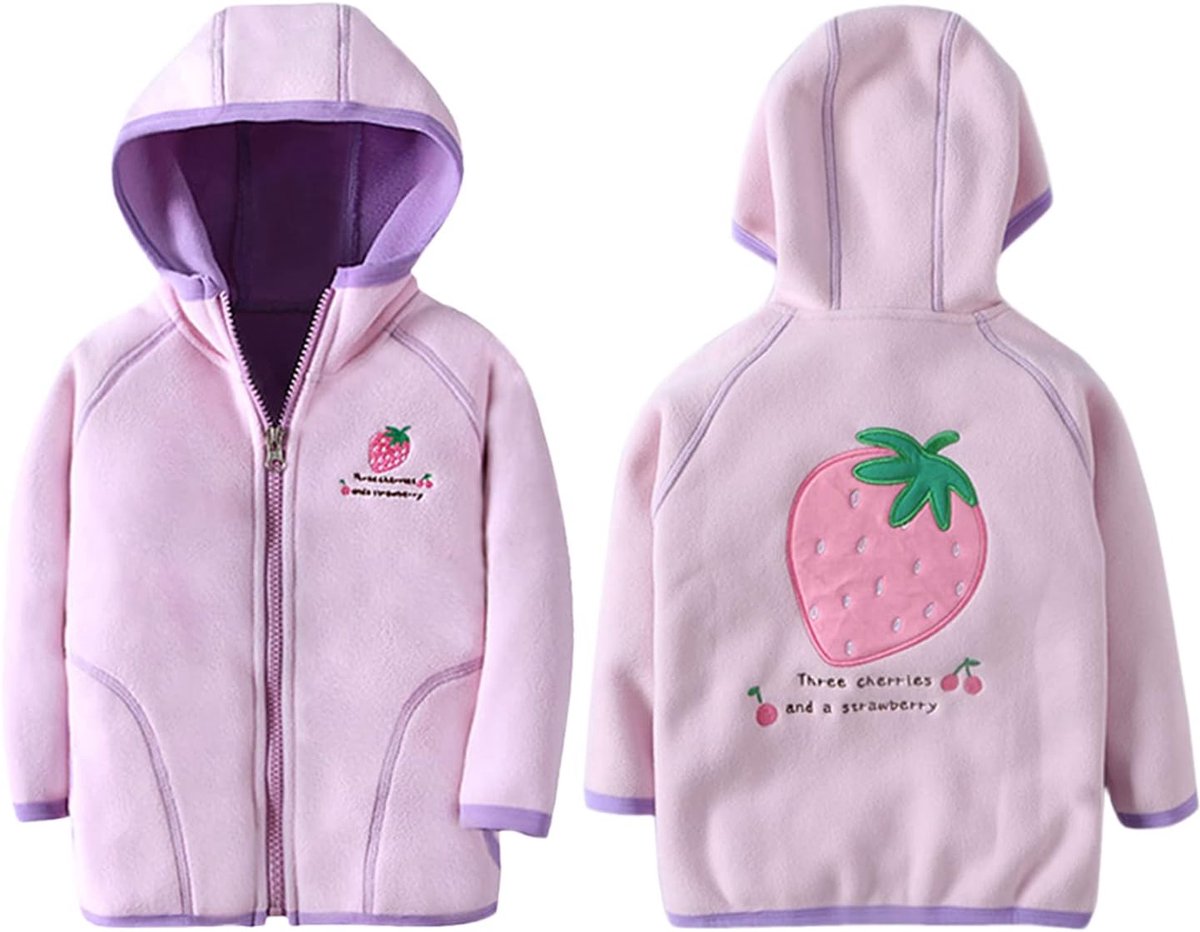 Baby Polaire Jas Met Kap Kind Rits Casual Jas Warme Hoodie Buitendracht Lente Herfst Winter Overgangseizoenen - Aardbeienpatroon Roze 110
