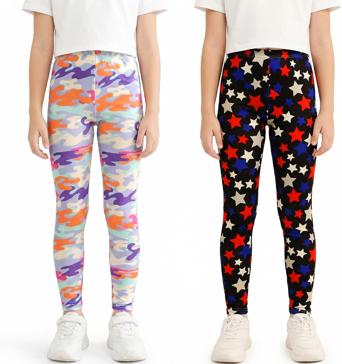 Leggings Meisjes 2-Pack Hoge Taille Elastische Broeken Kleurrijke Print Kinderen Dunne Legging Zachte Stretch Lange Broek Casual School Gymbroek Lente Sportbroek Voor Tieners Maat 116-164