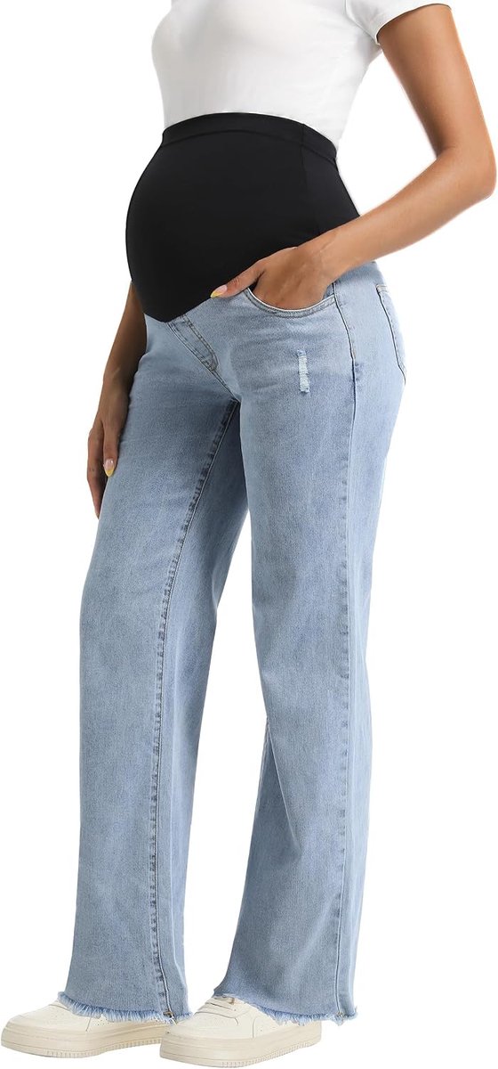 Jeans boven de buik rechte pijpen ruwe zoom Jean zwangerschapsbroek denim zwangerschapsjeans met zakken