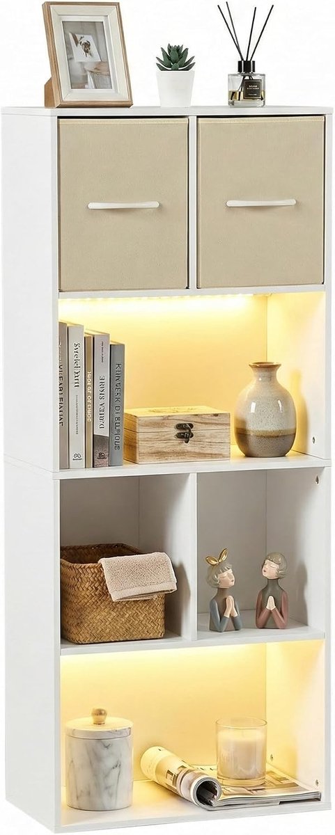 Boekenkast, klein rek, boekenrek, kinderen, ruimteverdeler, kast met 2 laden van vliesstof, 6 vakken, lichtstrip, voor woonkamer, slaapkamer, kinderkamer, kantoor, wit, 50 x 29 x 121 cm