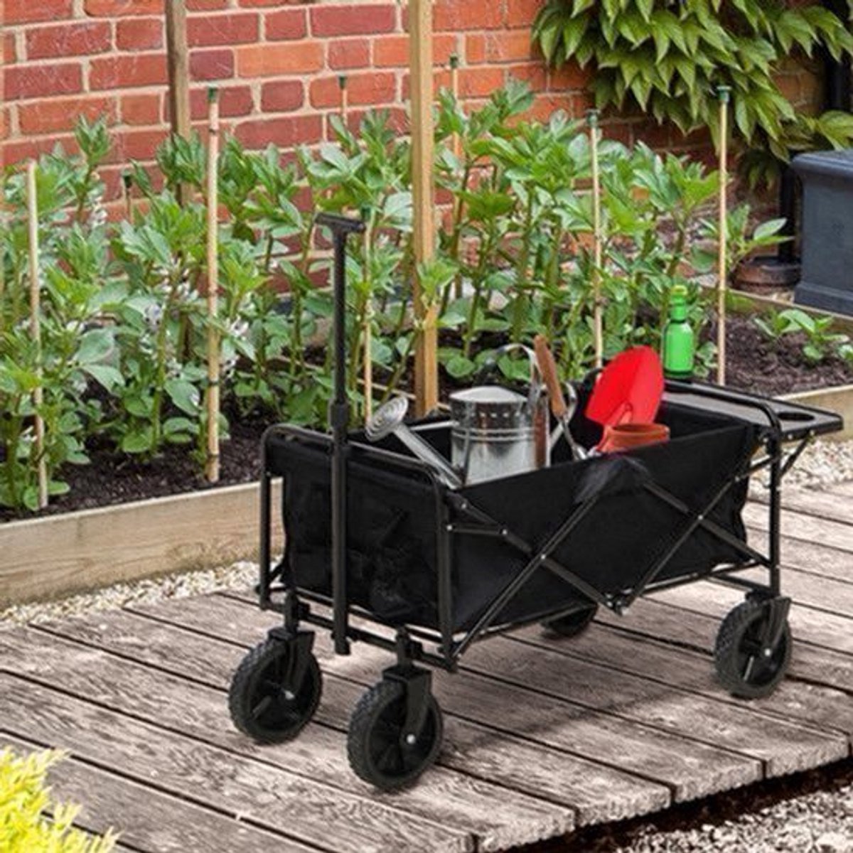 Strandkar – Bolderkar – Transportkar – Opvouwbare Bolderwagen – Trekkar – Verstelbare Telescoopgreep – Opvouwbare Tafelplaat – Polyester Stalen Frame – 117x51x100 cm – Zwart