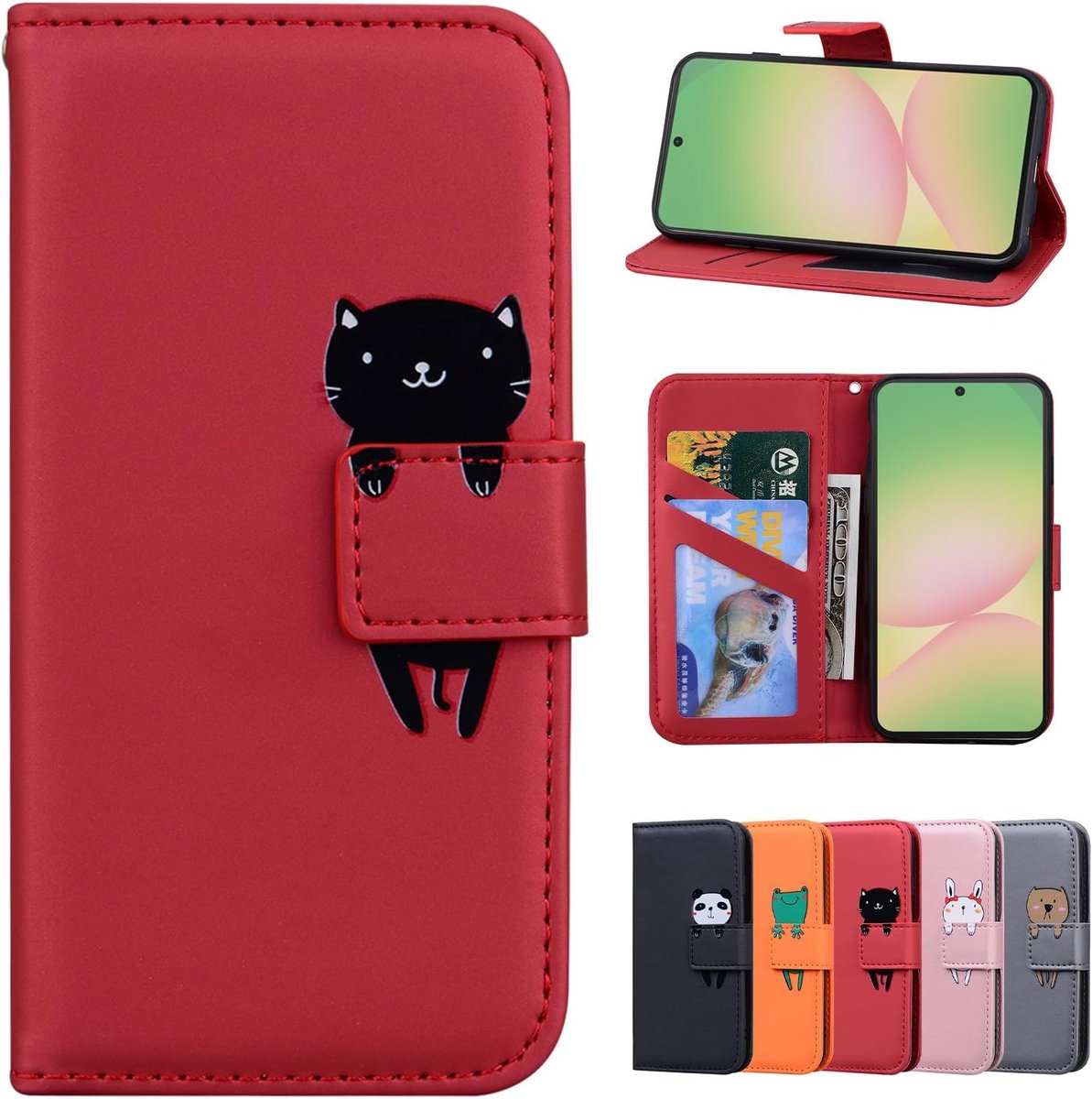 Hoesje voor Samsung Galaxy A57 5G magnetische sluiting lederen portemonnee zakje beschermhoes voor Samsung Galaxy A57 5G rode kat