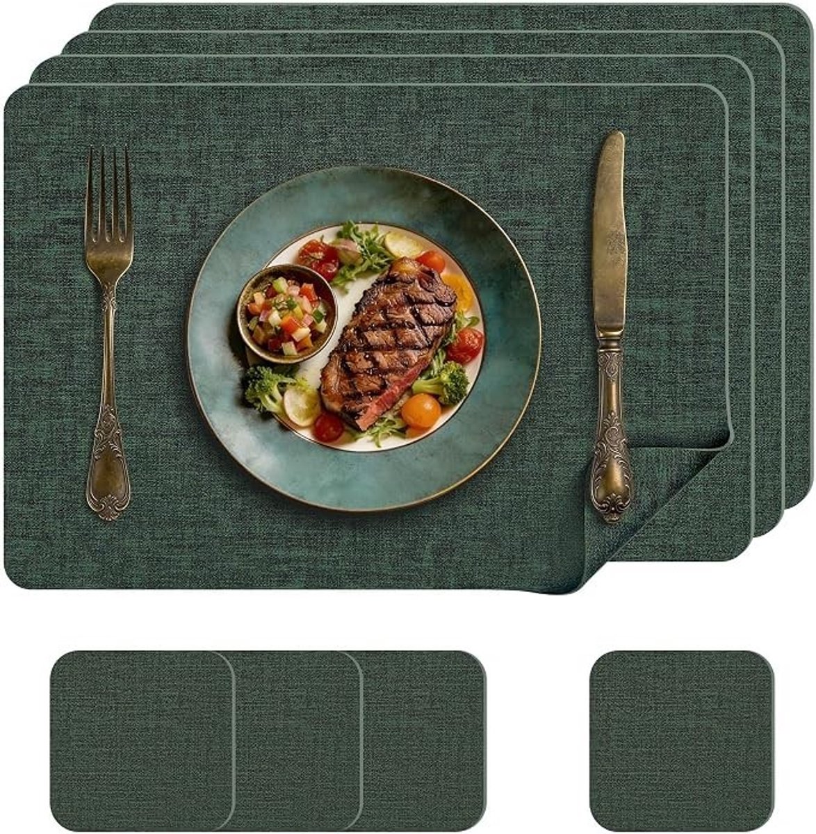 Livatto Placemats Set van 4 met Onderzetters - Waterdicht Kunstleer - Donkergroen - 43 x 30 cm