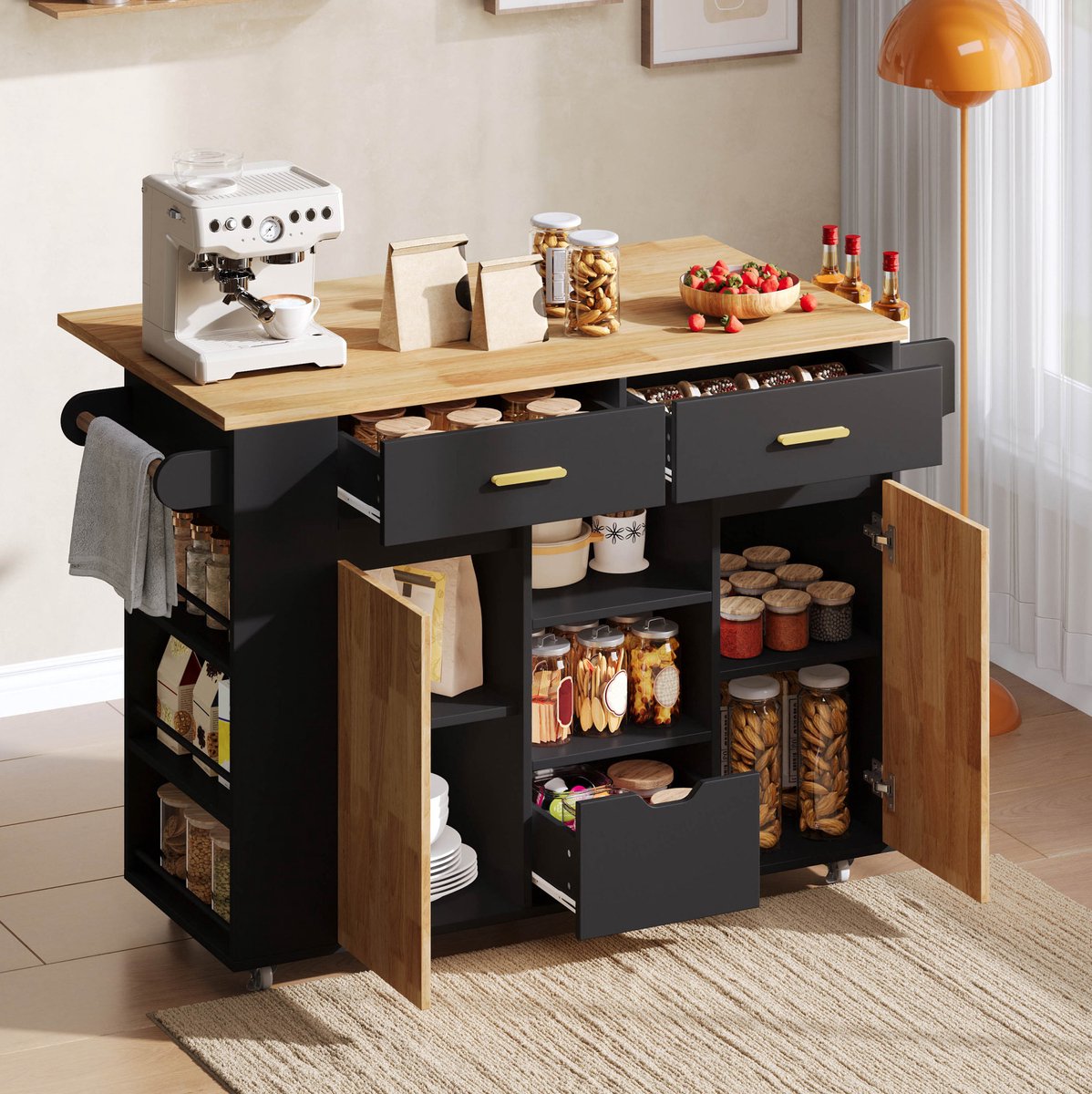 MODENUIT Keukenkast 120 x 45(71) x 90 cm - Opklapbaar Werkblad Met 3 Lades - Keuken - MDF - Zwart Naturel