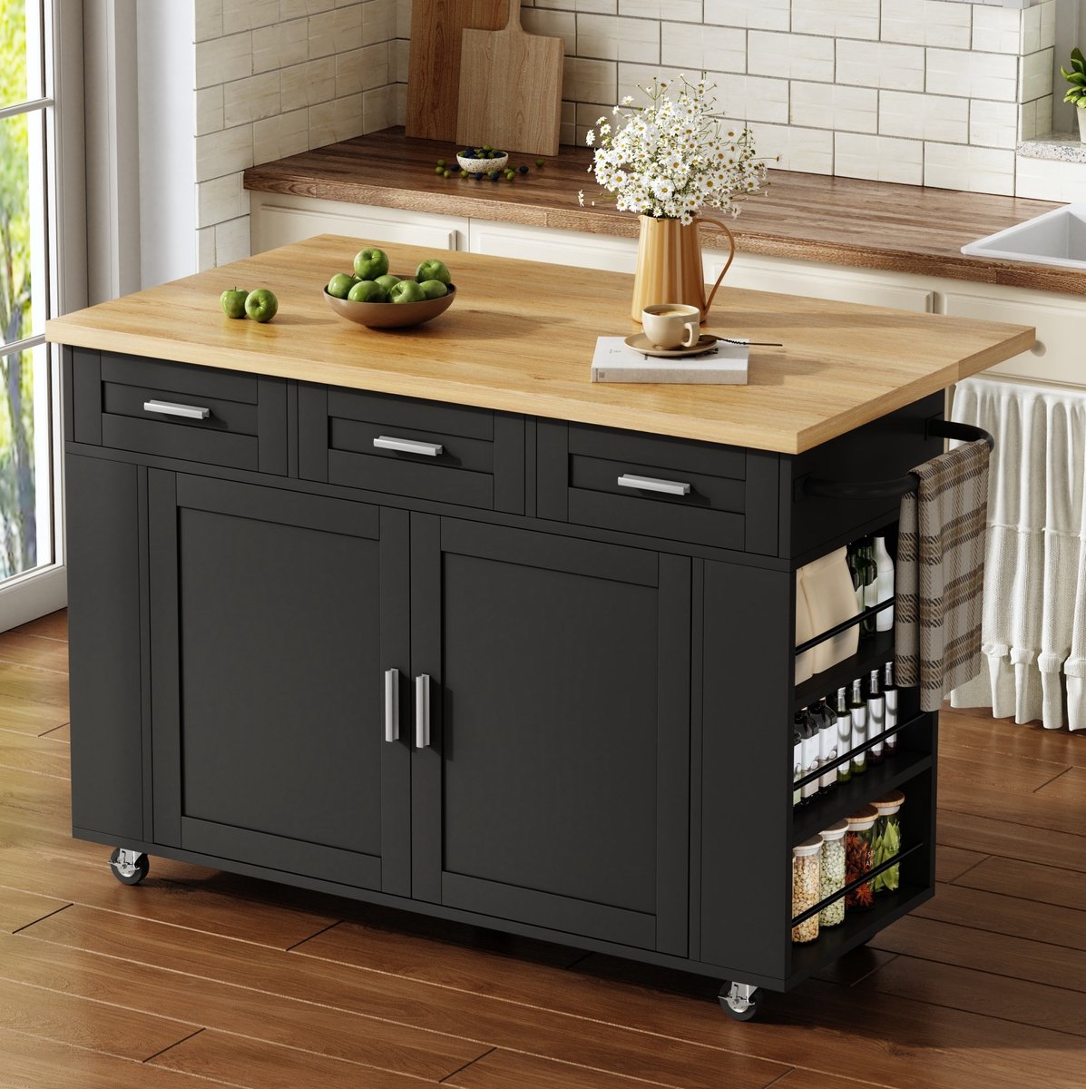 MODENUIT Keukeneiland 120 x 45(70) x 84 cm - Klapbaar Werkblad Met Stopcontacten - Keuken - MDF Naturel Zwart