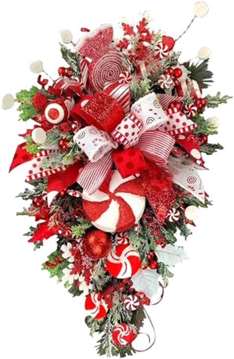 1 Kerstkrans - Snoepstokvorm - 46×26×7 cm - Handgemaakt - Voor voordeur trap en interieur - Rood wit - Feestelijk en veelzijdig - Binnen en buiten
