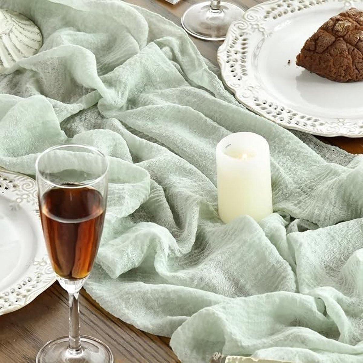 Livatto Tafelloper Boho Groen 80 x 300 cm - Gaas Kaasdoek - Keuken Tafeldecoratie