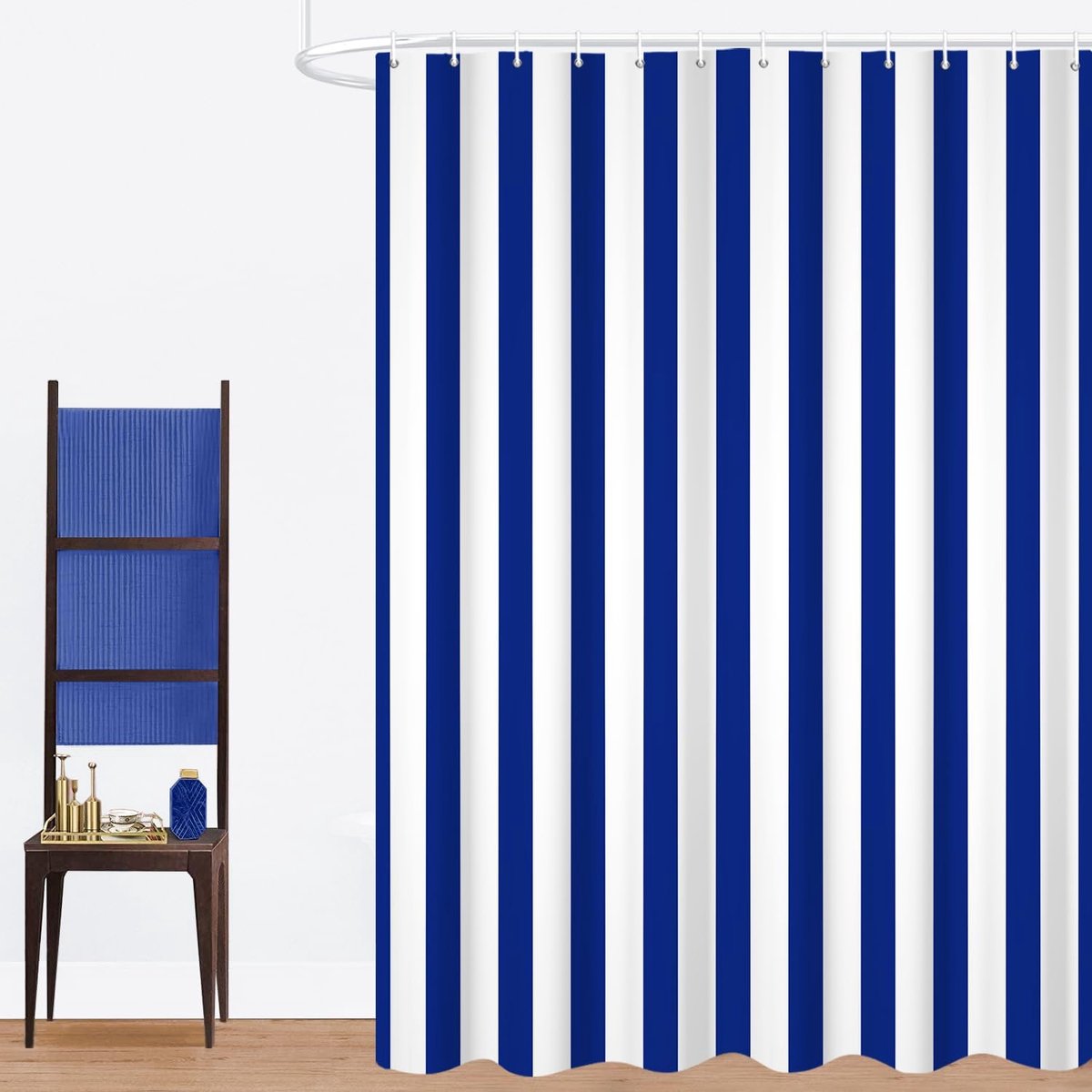 Douchegordijn, 180 x 180 cm, blauw en wit, modern minimalisme, verticale strepen, waterdichte stof, machinewasbaar, badkamergordijn met haken
