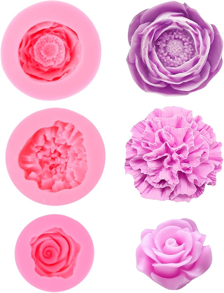 3 stuks 3D-siliconenvormen in bloemenvorm, rozenvormen, klaprozen, anjers, herbruikbare siliconen vorm voor kaarsen, snoep, zeep, doe-het-zelf, decoraties