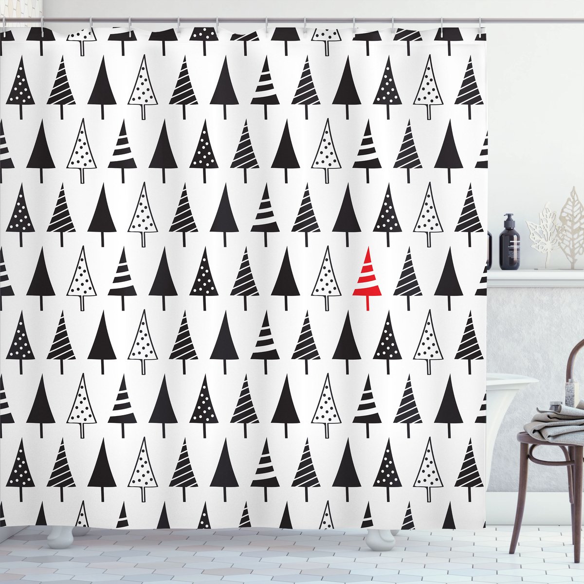 ABAKUHAUS Kerstmis Douchegordijn, Triangle Pine Bomen, Stoffen Badkamerdecoratieset met Haken, 175 x 200 cm, Antraciet grijs Vermiljoen