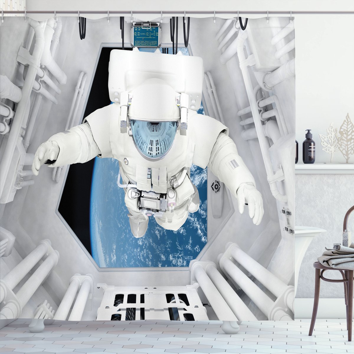 ABAKUHAUS Mist Douchegordijn, Cosmic Journey Ruimte, Stoffen Badkamerdecoratieset met Haken, 175 x 200 cm, Wit en blauw