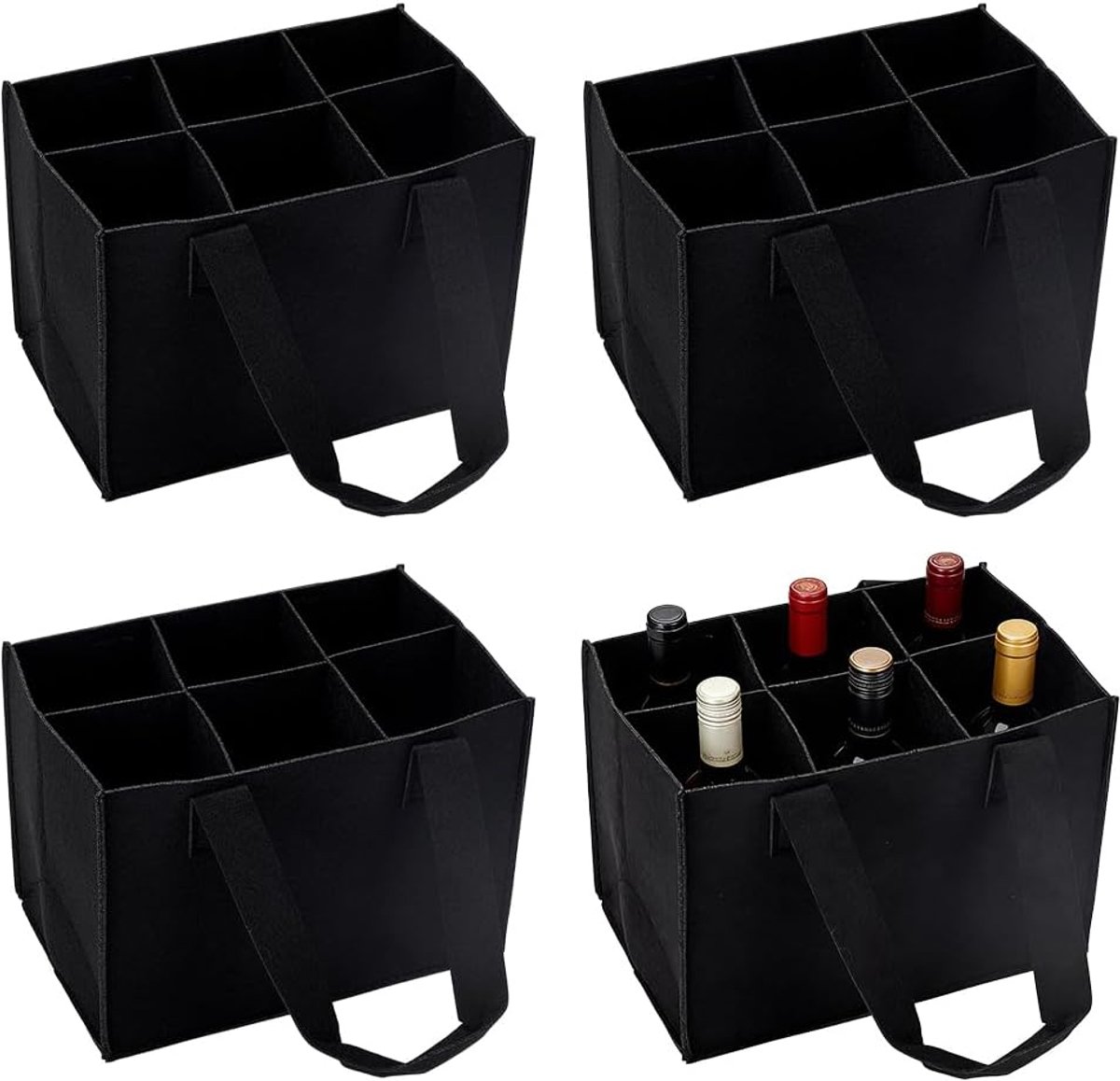 4 sets 6 flessen wijn draagtas, wijndrager met verdeler, vilten draagbare wijnopbergtas, herbruikbare wijnflessenhouder met handgrepen voor picknick, feest en reizen, zwart