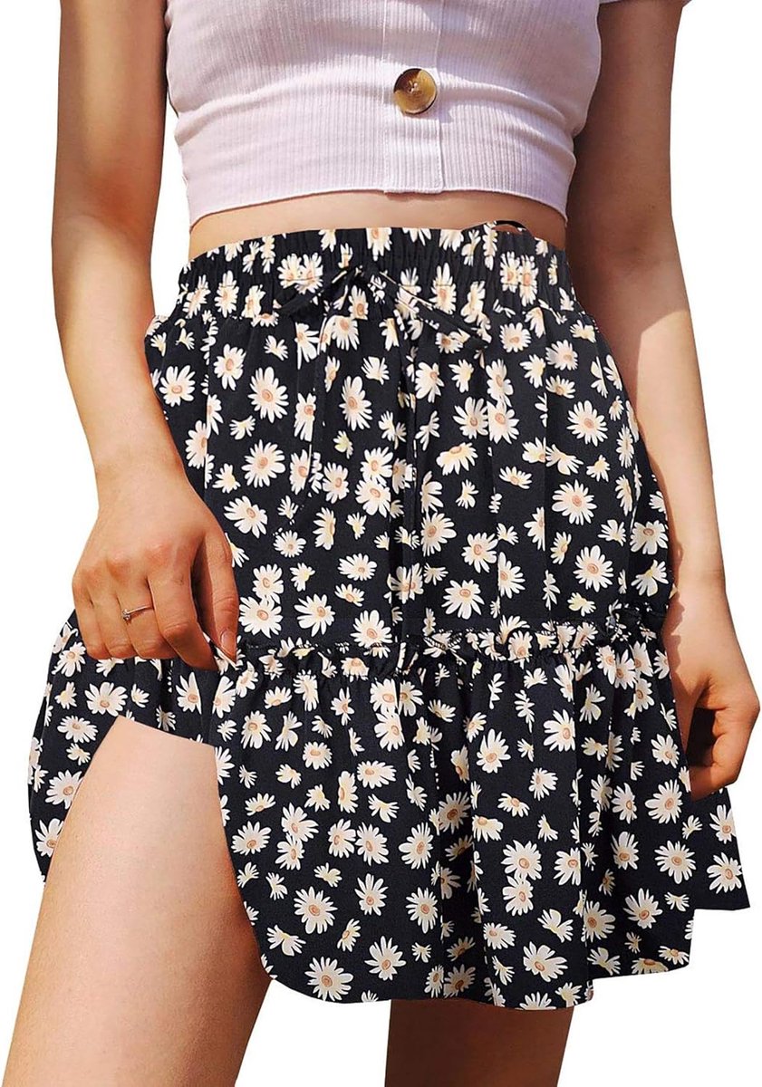 Dames plissé, kort, boho, zomerrok, elastiek, hoge taille, vakantie, strand, rok, trekkoord, ruches, bloemen, minirok