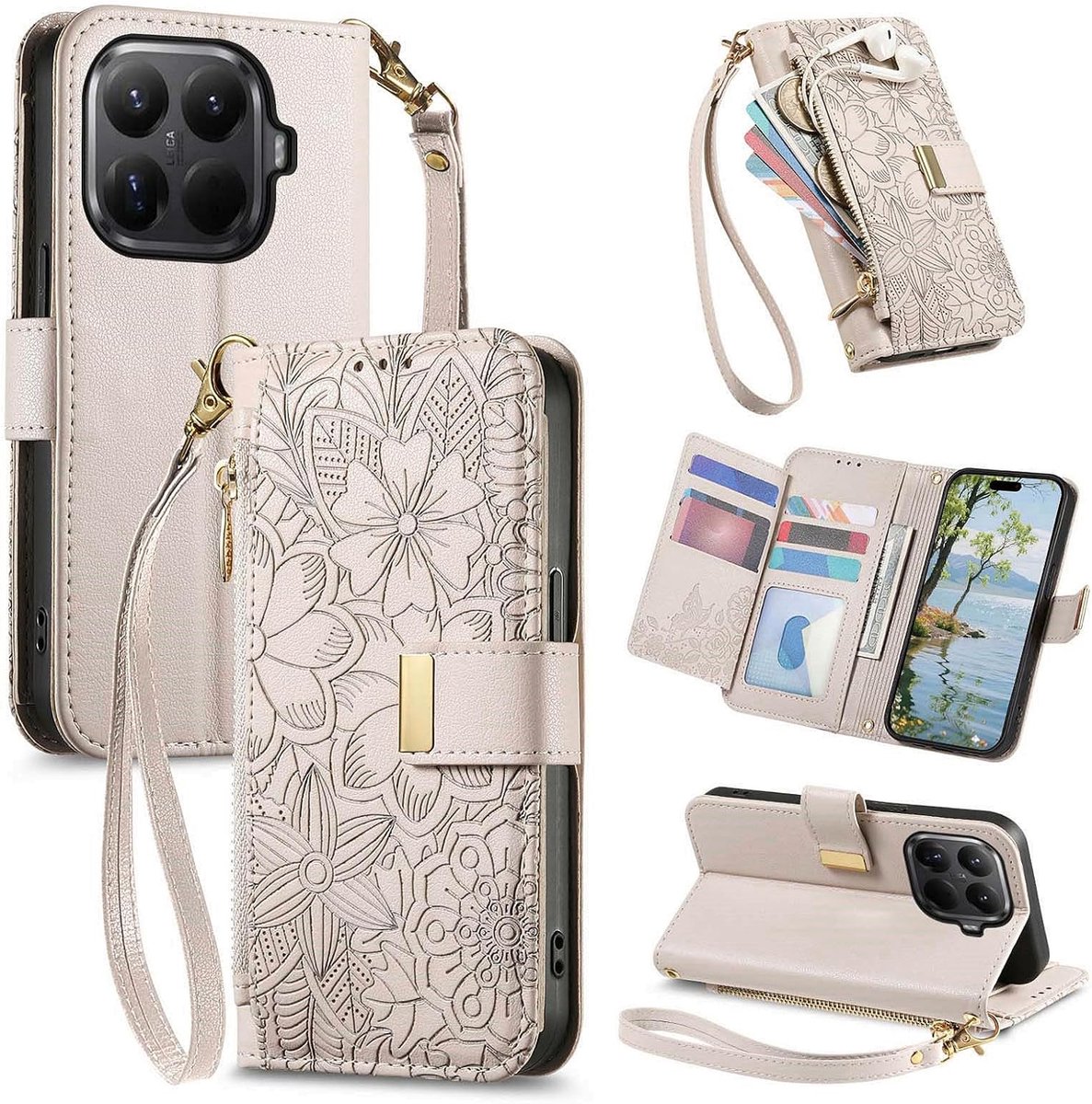 Telefoonhoesje voor Xiaomi 17T 5G, klaphoes van leer, met ritssluiting, kaartsleuven, standaard, band, bloemen, beschermhoes, portemonnee, flip case, beige