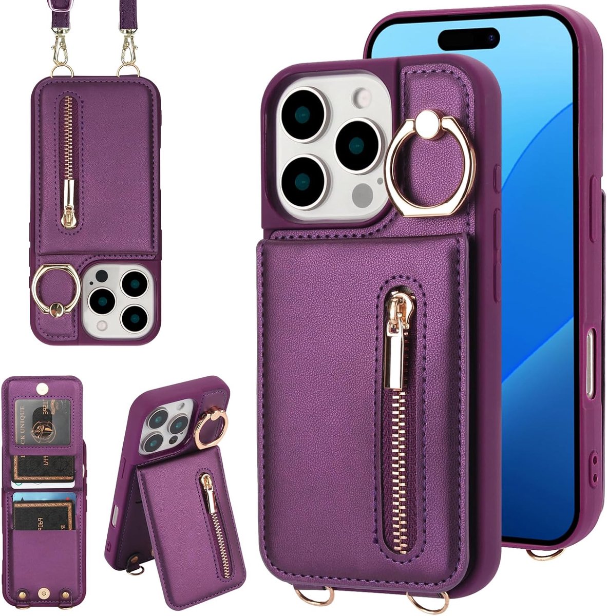 Hoes voor iPhone 16 Pro Max, stootvaste telefoonhoes met verstelbare halsketting, RFID-ritssluiting, portemonnee, etui met kaartenvak, met band, ring, standaard, case voor vrouwen,