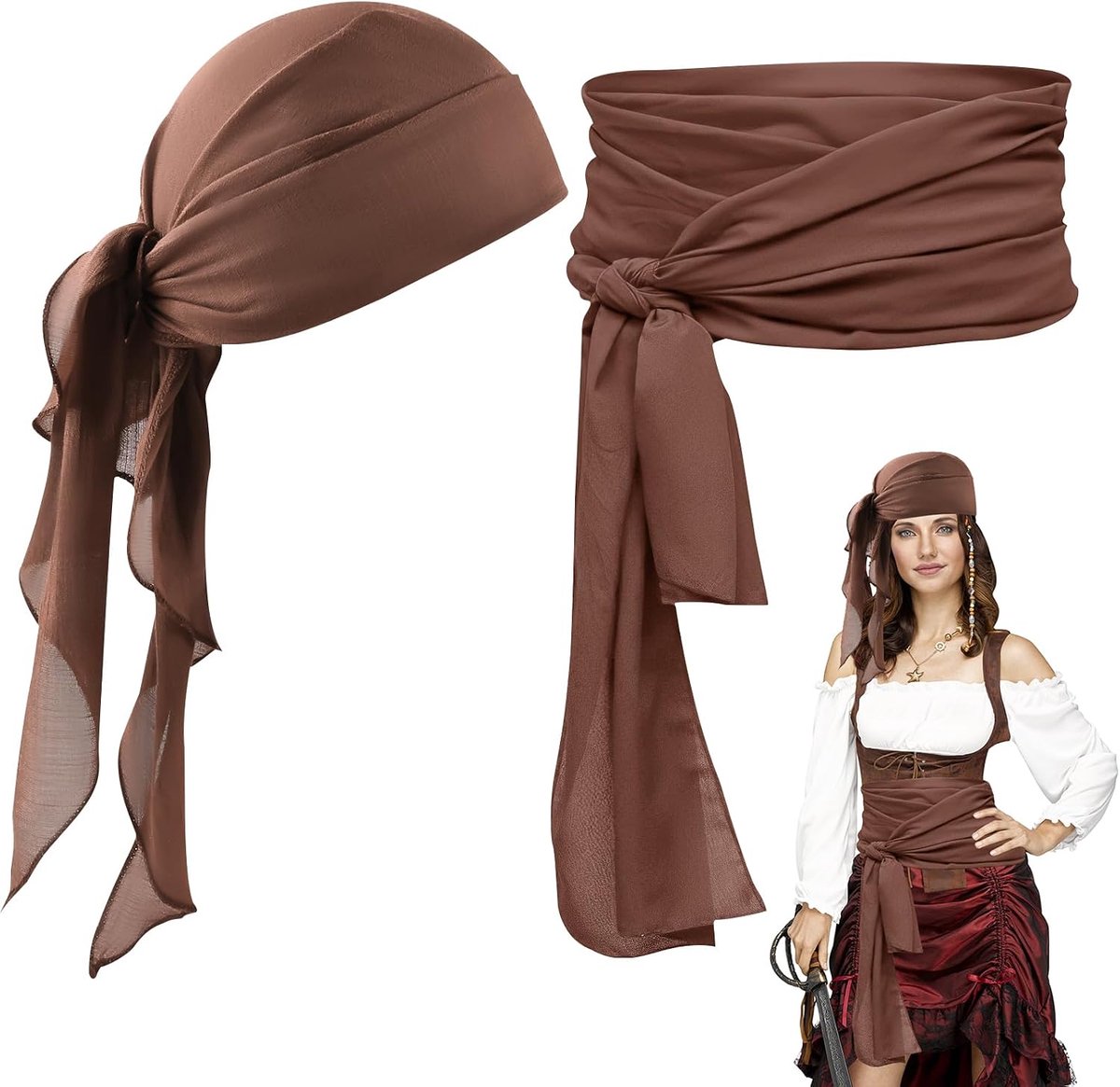 2-delig piratenkostuum, piratenbandana en riem, accessoires voor heren, dames, Halloween, carnaval, cosplay, feestjes