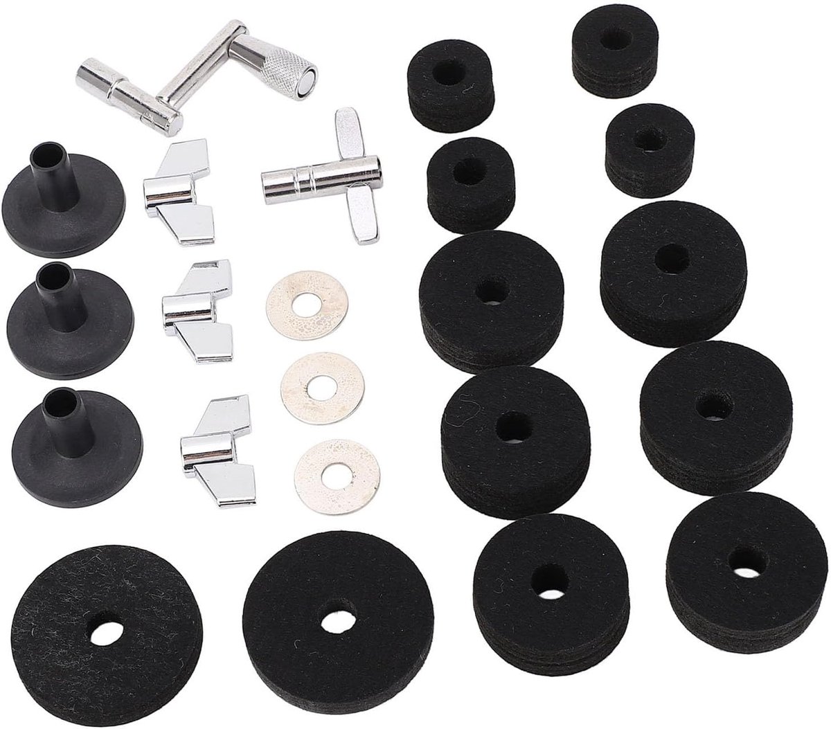 Cymbal Stand Filt Set Emergency Repair Drum Kit met Verschillende Maten Vervangingsaccessoires voor Drumset, Waaronder Vilten, Mouwen, Moeren en Wasmachines, Z & T -sleutel voor (Zwart)