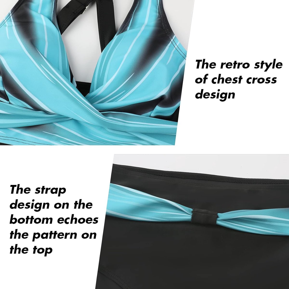 Tweedelige damesbadpakken, bikini met gekruiste top, hoog getailleerde bodem, badpakken voor buikversteviging, badmode met vintage motief