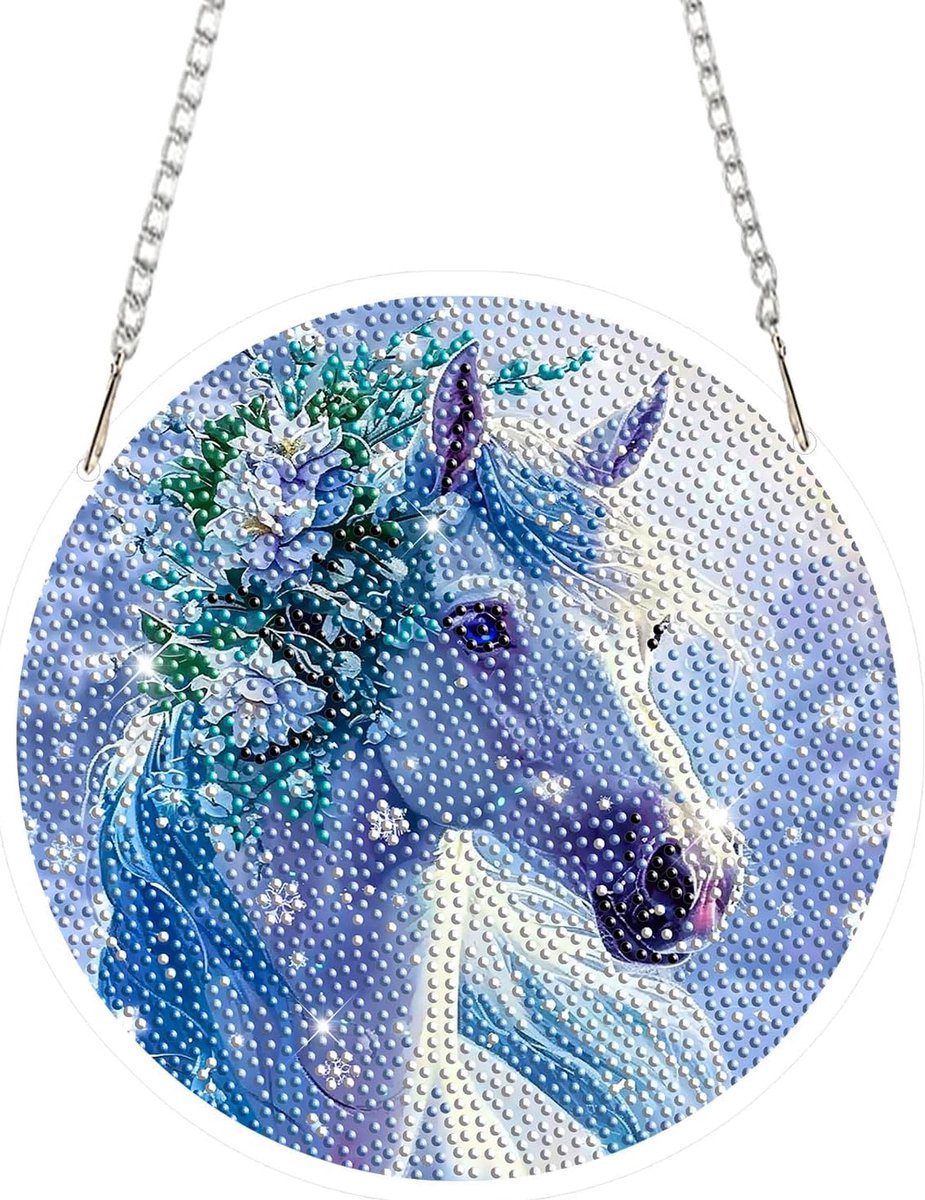 Feelive Paarden diamant schilderij hanger, 5D winter diamant schilderij ornamenten met ketting voor volwassenen, doe-het-zelf hangende diamant schilderij hanger voor balkon raam tuin huis decoratie