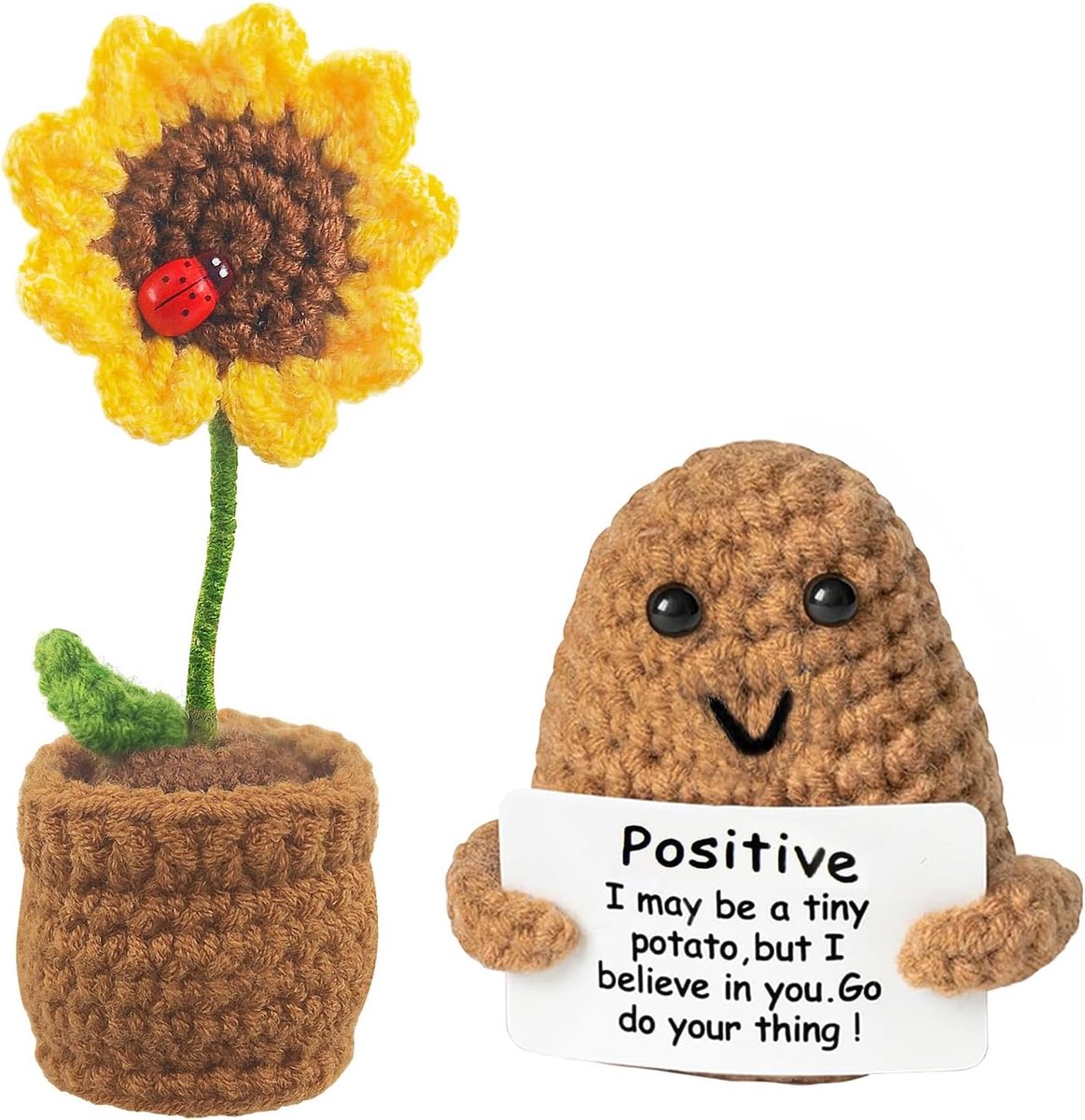 2 stuks positieve aardappelpop, creatieve breiwol, aardappelpop, pocket-knuffel, positieve zonnebloem, creatieve pluche pluche, cadeau voor moedermaker, cadeau voor moeder