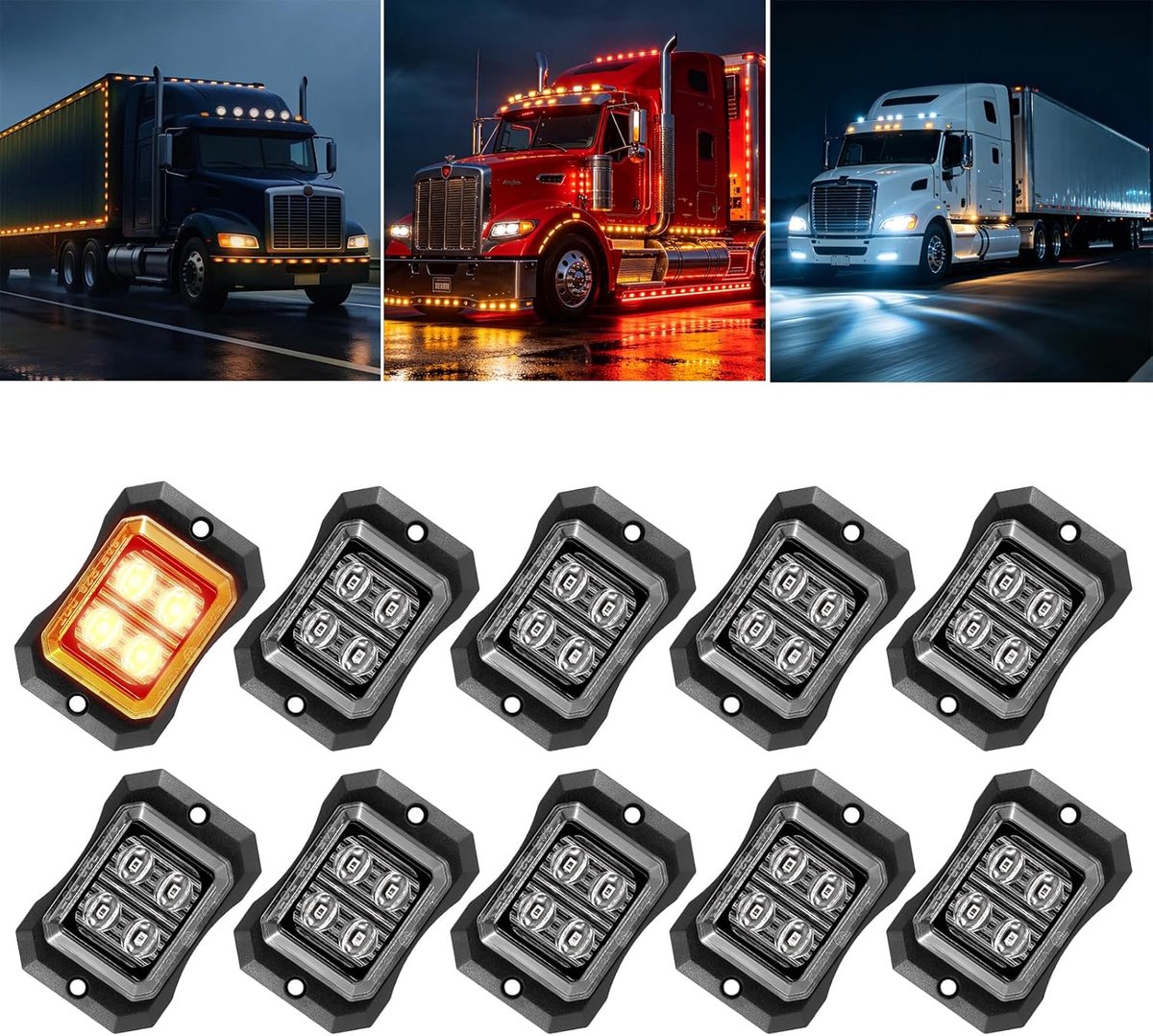 10 x LED-Markeringslampen 12 V-24 V Dubbele Rij Rechthoekig (Geel)