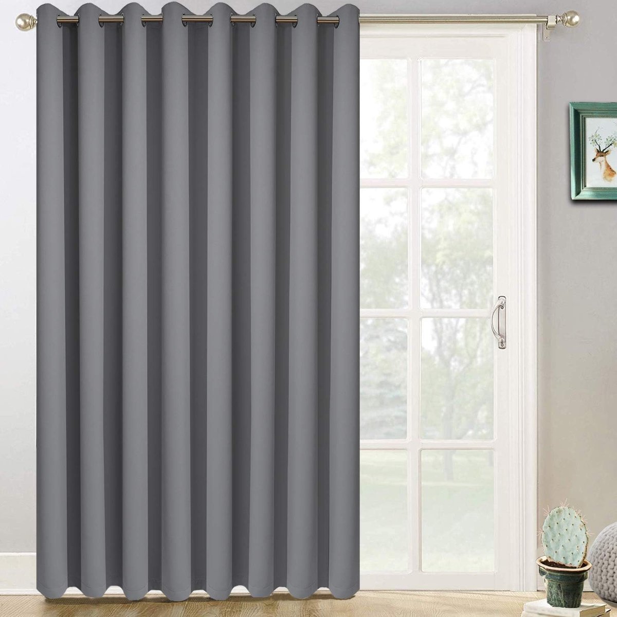 Verduisterende terrasgordijnen 254 x 213 cm voor schuifdeur, extra brede verduisterende gordijnpanelen, thermisch geïsoleerde kamerverdeler - doorvoertule top, 250 x 213 cm breed - grijs