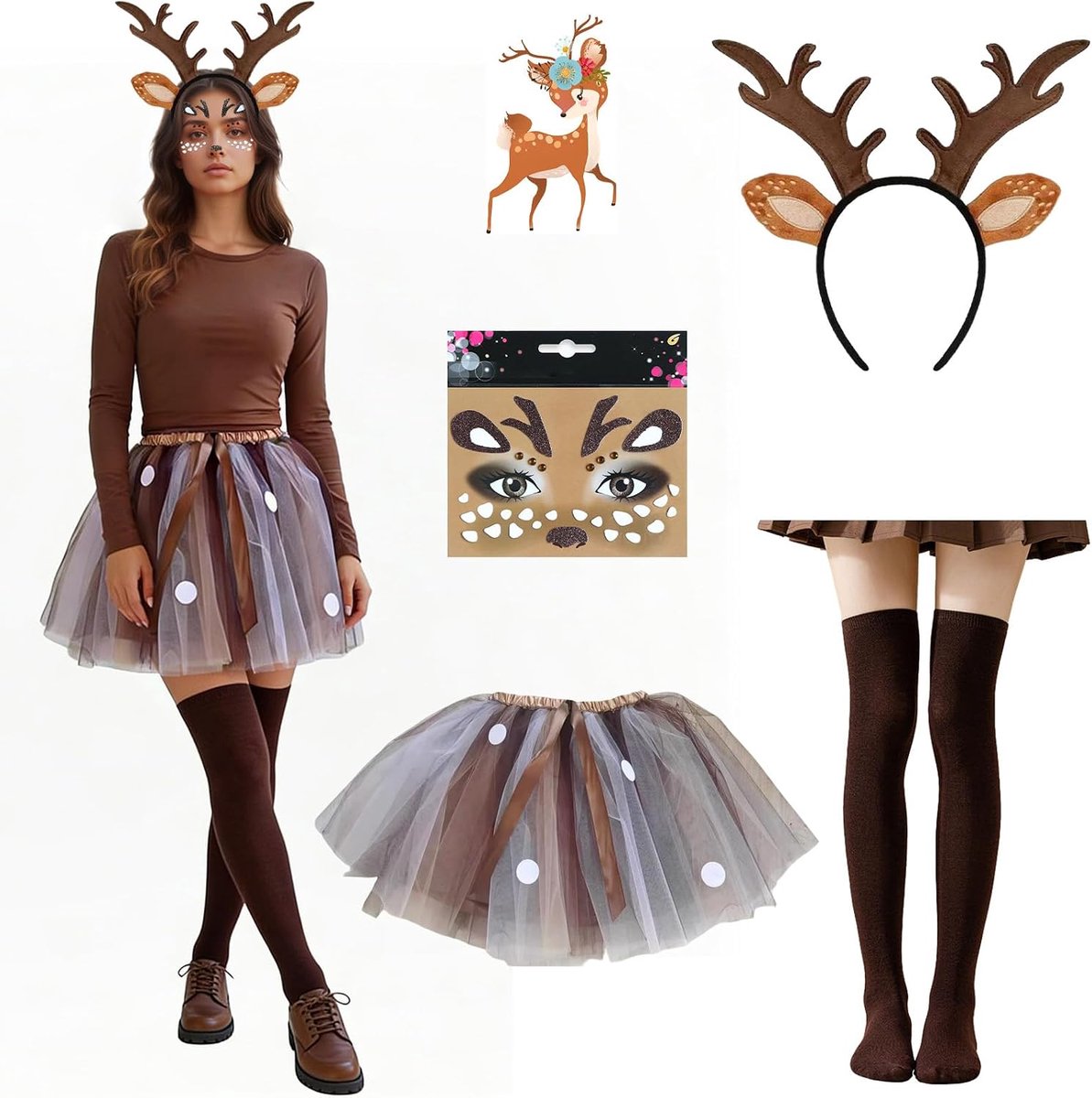 Rendierhaarband, hertenkostuum dames, rendierkostuums dames, rendiertu-rok, damesgewei-kostuums, hertenkostuum, tule rok, voor Kerstmis, cosplay, carnaval