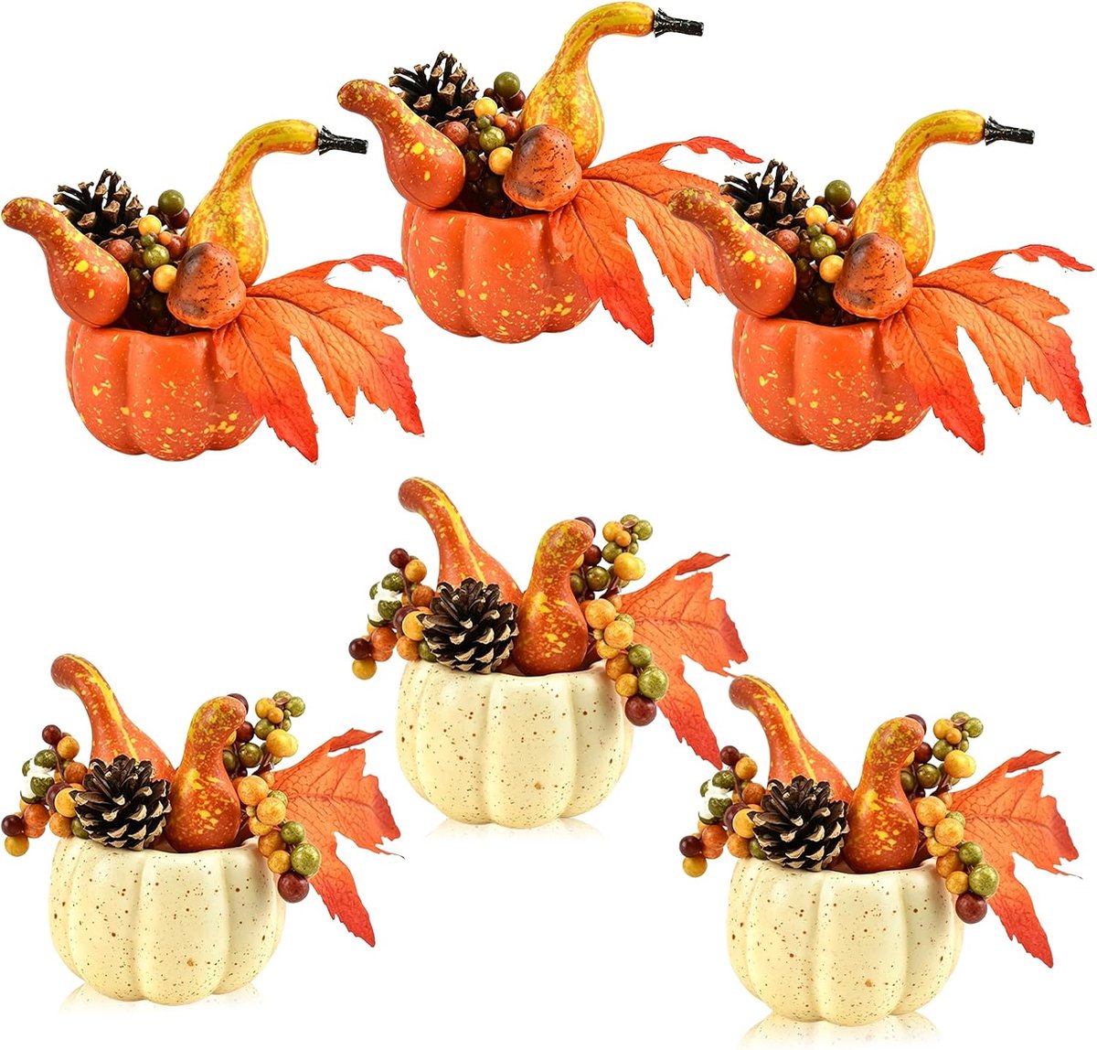 6 stuks kunstpompoendecoraties, kunstpompoen, herfstdecoratie, pompoenfiguren, kunstmatige herfstbladeren, esdoornbladeren, dennenappels, herfstdecoraties voor oogst, feest, Thanksgiving, Halloween