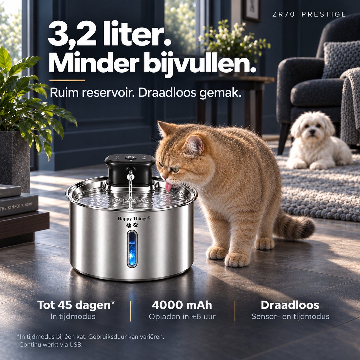 Happy Things® ZR70 Prestige Draadloze Drinkfontein Kat en Hond – 3,2L – 100% RVS – Sensor – 45d batterijduur - Fluisterstil 20 dB – 4 Filters – Kattenfontein thumbnail 2