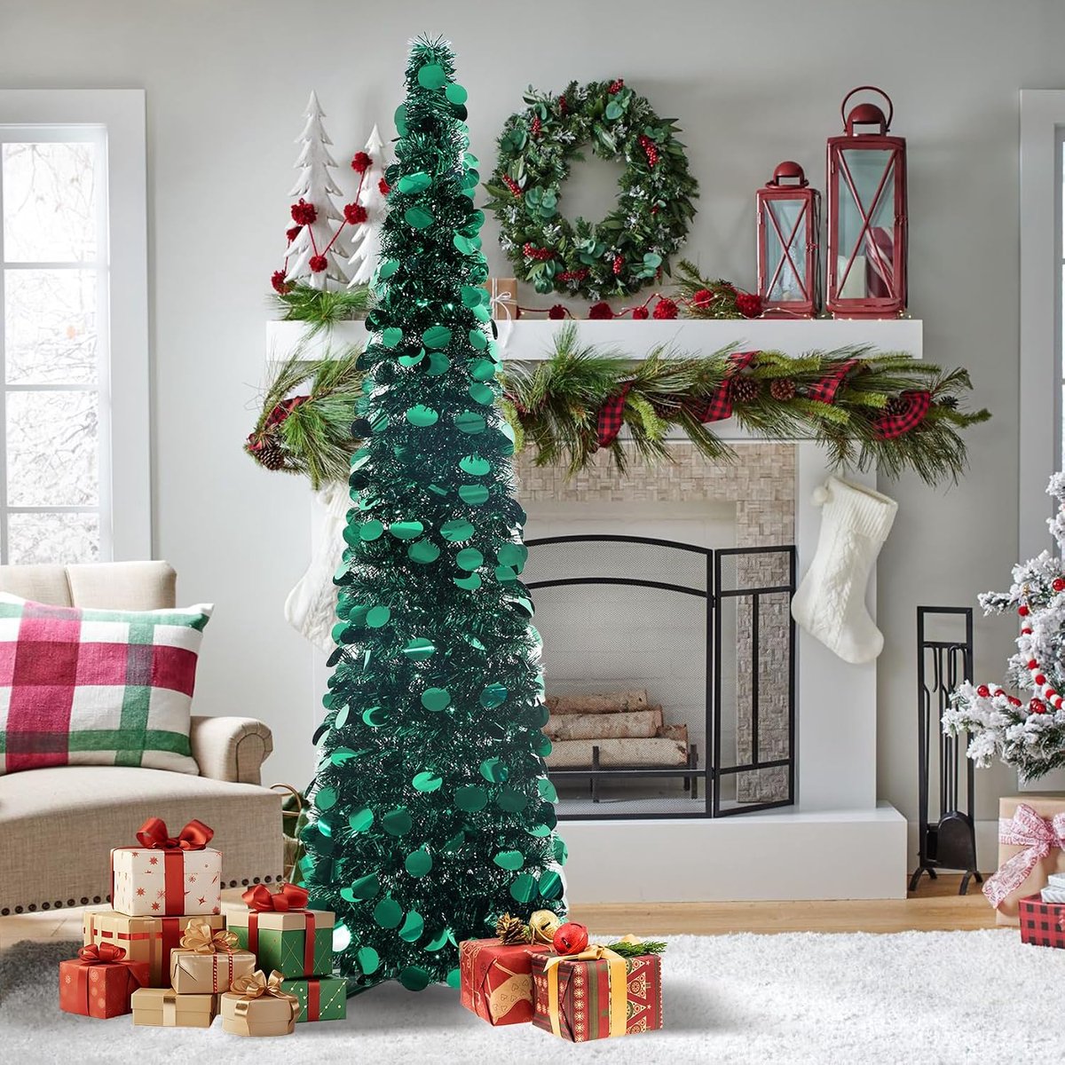 kerstboom 150 cm, opvouwbare kerstboom, donkergroen, dennenboom, kunstpotlood, kerstboom, klatergoud kerstboom met pailletten voor kerstdecoratie, feestbenodigdheden, huisdecoratie