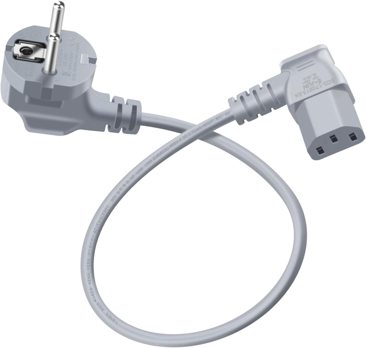 90 Graden Gebogen C13 Veiligheidscontact voor Kabel Type F (CEE 7/4) naar C13 Stekker voor Computer, TV, Monitor, Projector (Grijs, 0.5m)