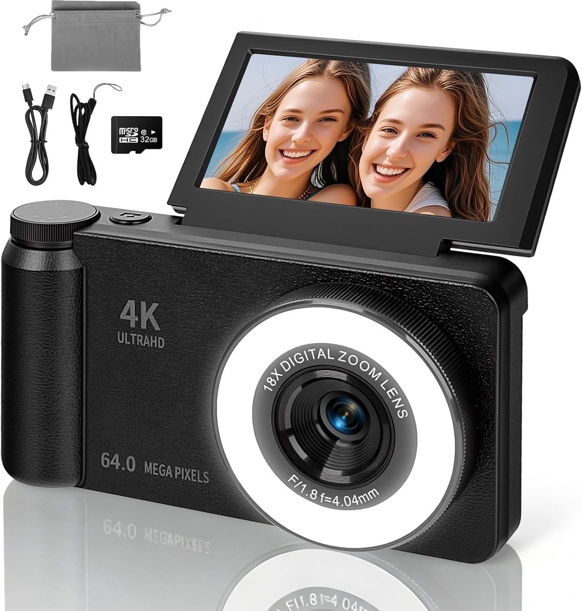 4K 64MP digitale camera met beauty-licht & schoonheidsmodus autofocus camera fotocamera compacte vlogging camera 3 inch 180° flip-scherm 18x digitale zoom 20 filters 32G kaart voor kinderen jongeren