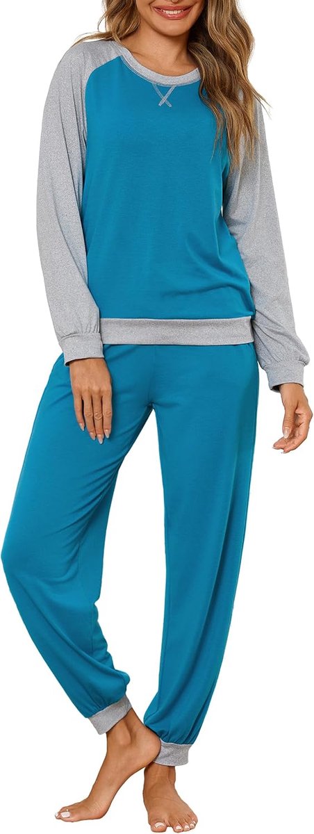 Pyjama voor vrouwen met raglanmouwen winter lange pyjamaset kleurblokkerende lichtgewicht nachtkleding pyjama top en slaapbroek met zakken