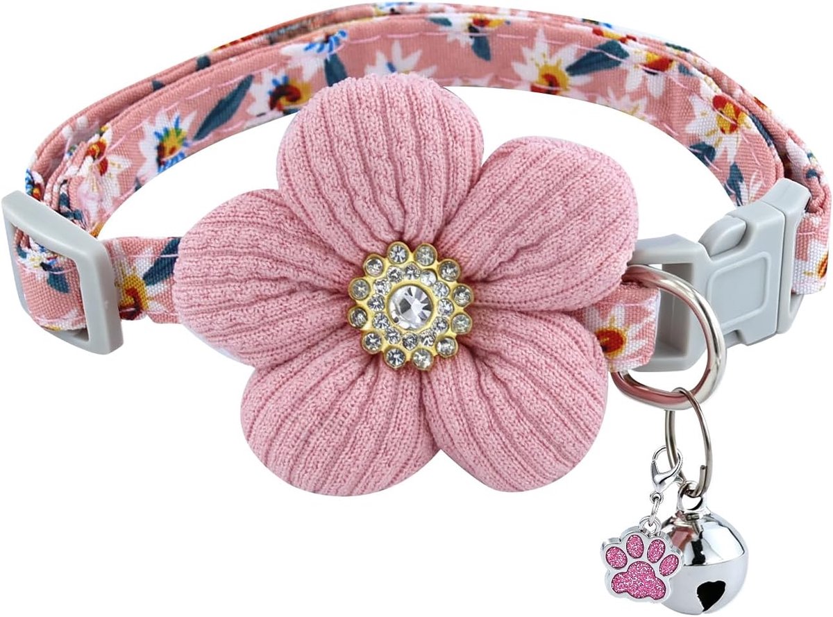 Kattenhalsband met belletjes, afneembare kattenhalsband met strass en bloemen, huisdierhalsband met veiligheidsgesp voor katten en puppy's (21,8 - 28 cm)