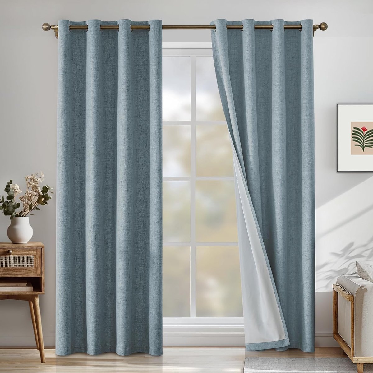 100% Verduisterend Linnen Effect Gordijnen Set Van 2, 140x300cm, Ondoorzichtig Warmte-Isolerende Thermische Gordijnen Met Ringen, Geluidsbescherming, Voor Slaapkamer Woonkamer, Zwart
