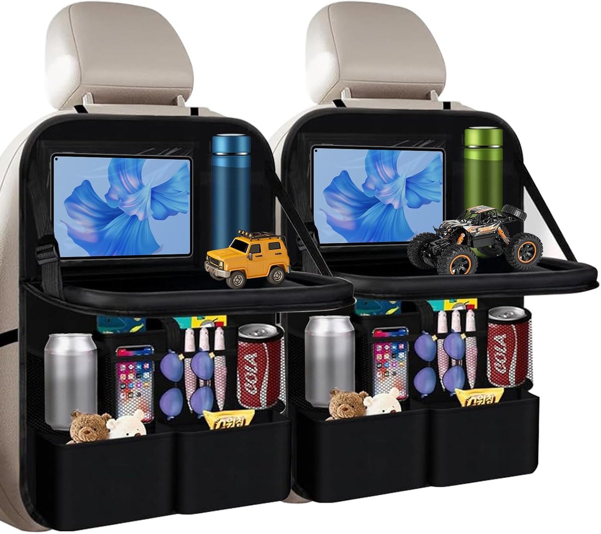 Auto-organizer, grote rugleuningbescherming, achterbankorganizer voor kinderen met klaptafel, multifunctionele waterdichte achterbankorganizer (zwart, 2 stuks)
